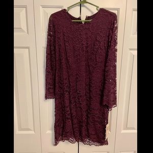 NWT Purple/Maroon Lace Bell Sleeve Shift Dress